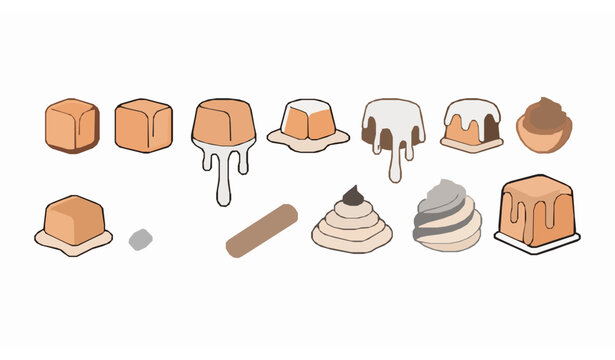 Salted caramel icon collection with candy pieces sauce drips and dessert symbols in simple outline vector style
