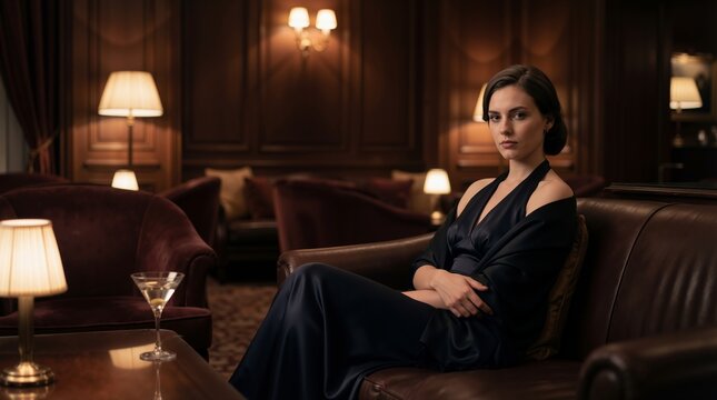 Sophisticated woman in evening dress sitting on leather sofa in luxury hotel lounge. Elegant lady relaxing with martini in calm club atmosphere. Wealth and lifestyle portrait concept