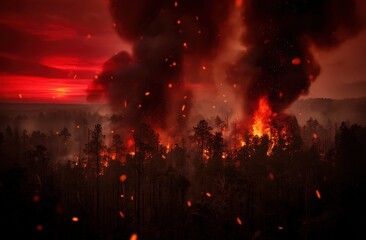 Obraz premium Intense forest wildfire with towering flames and red smoky sky background for emergency poster banner and disaster awareness design