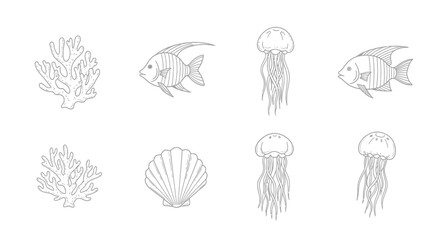 Obraz premium Collection of Minimalist Vector Line Art Illustrations of Marine Life Including Tropical Fish, Jellyfish, Coral Reef and Shell