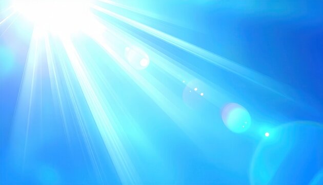 Brilhante explos&atilde;o de luz solar azul intensa com raios de luz e reflexos de lente no c&eacute;u claro.
