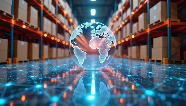Global digital network connects warehouse shelves filled with boxes. Holographic earth shows trade routes and distribution. Futuristic logistics concept.