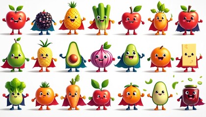 Obraz premium Cute cartoon fruits vegetables wear superhero capes. They promote healthy eating kids education. Characters show strength vitality for wellness. Fun food group.