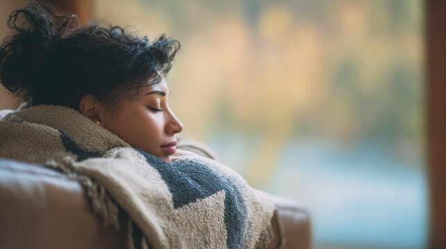Adult relaxing on a sofa with a weighted blanket draped over the serene lowstimulation environment softly blurred behind.