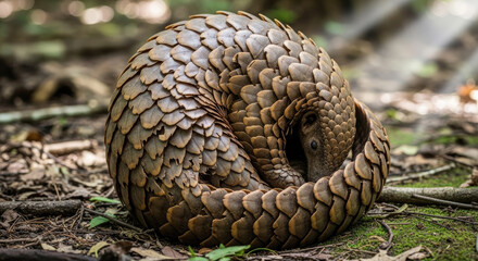 Fototapeta premium A pangolin curled into a ball on forest ground.