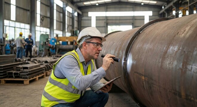 Factory inspector examining weld on large industrial pipe with flashlight and tablet