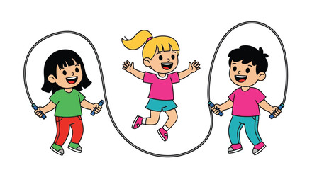 Three cheerful children joyfully jumping rope outdoors on a sunny day © Shila Rani Saha