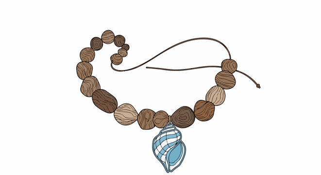A hand-drawn necklace with wooden beads and a blue shell pendant