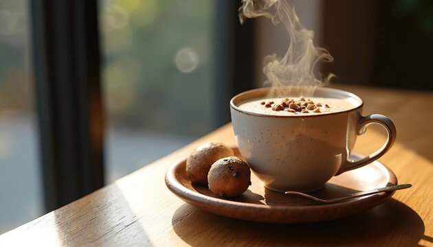 Steaming chaga mushroom latte served in ornate cup with spoon. Warm beverage with nutty topping sits near small round pastries on wooden table near window.