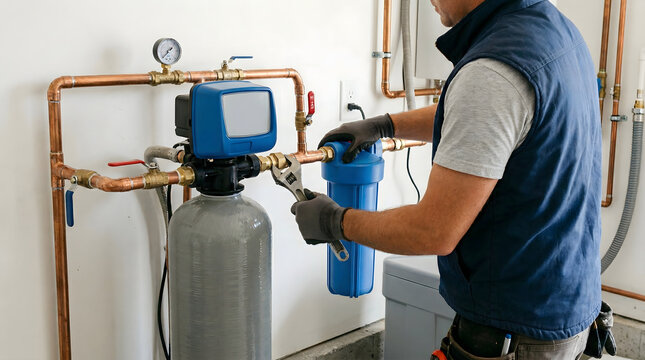 Professional plumber technician installing or repairing a modern domestic water softener and filtration system with blue filter and copper pipes using a wrench in a basement