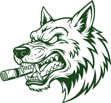 Fierce green wolf head with cigar in mouth animal canine predator