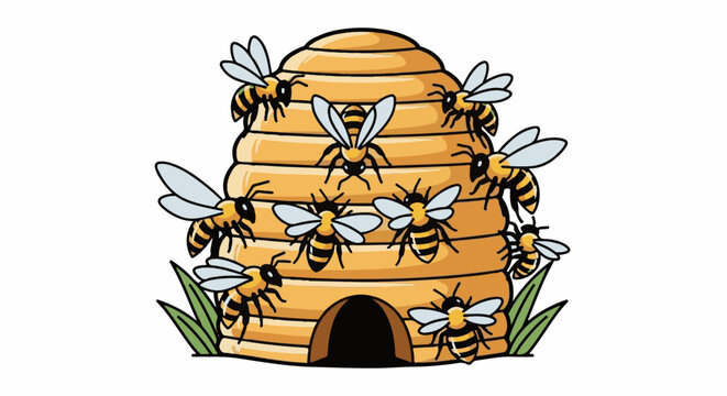 A lively beehive teems with buzzing insects amidst lush green grass