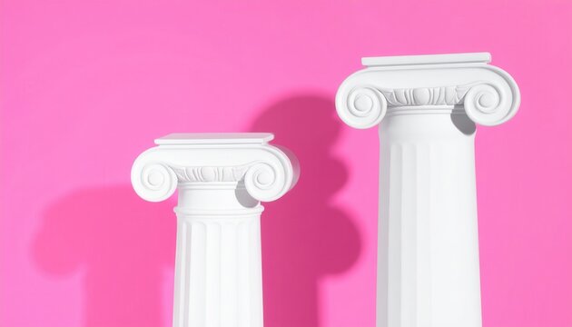 Duas colunas j&ocirc;nicas brancas minimalistas em pedestal contra um fundo rosa vibrante com sombras projetadas.
