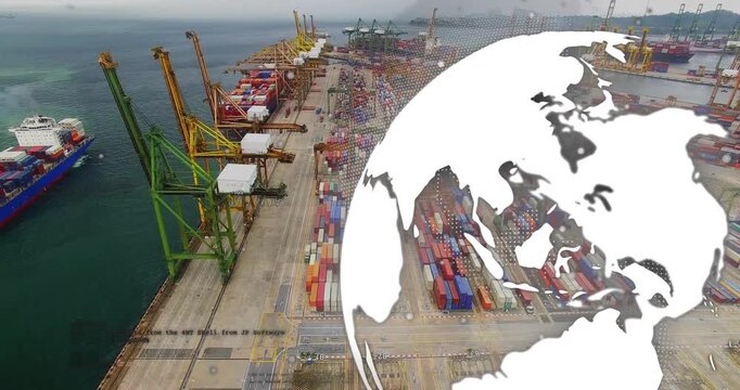 White globe entering right, scaling rotating over port obscuring then revealing cargo to show trade
