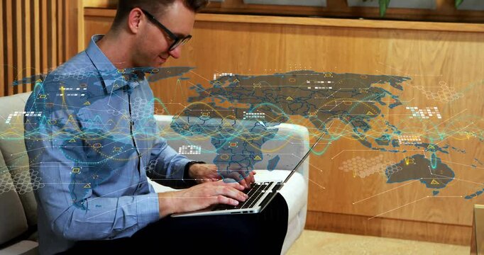 Man typing on laptop, activating animated map and data waves covering foreground for data analysis