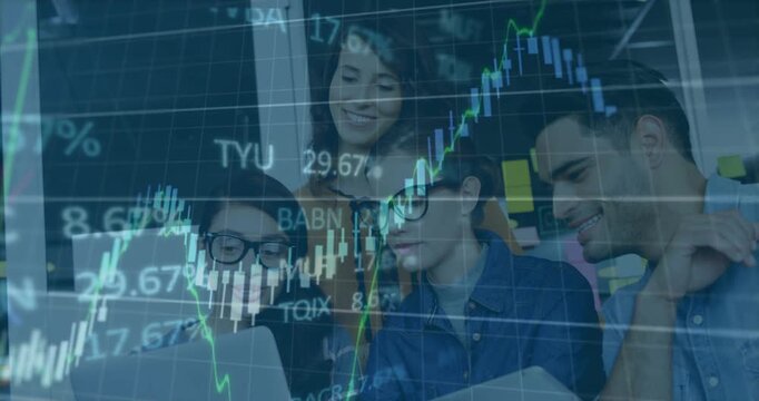 Chart overlay appearing, team gathering around laptop and tablet, pointing and analyzing stocks