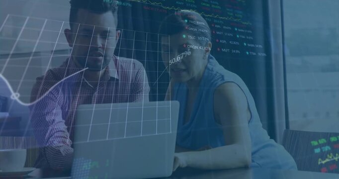 Man pointing at laptop and woman leaning in, causing finance charts and percent peaking, analyzing