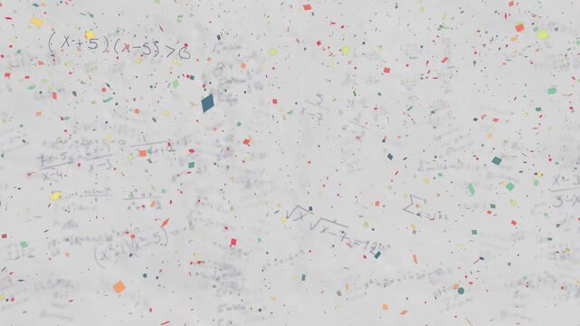 Camera pulling back, white sheet with algebra while confetti obscuring equations for education