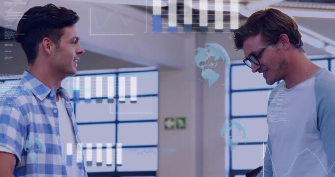 Two men shaking hands in open-plan office, initiating tech meeting with HUD bar charts overlaying