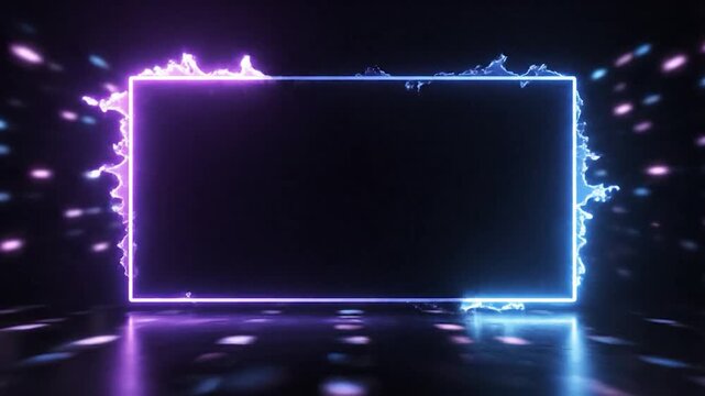 A glowing rectangular frame with electric energy and bokeh lights in a dark, reflective environment