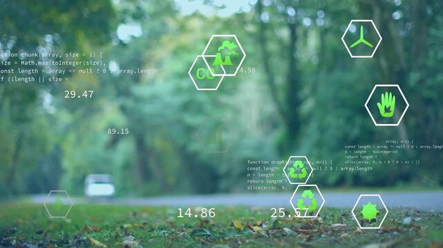 Hex overlay updating environmental metrics while van entering road and overlapping passing cars