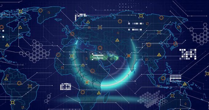 System initiating global scan, cyan arc forming and growing while icons popping and 100% syncing