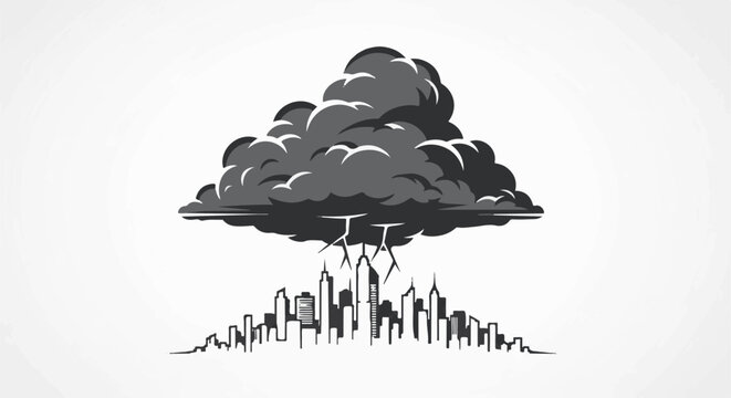 Dark storm clouds loom ominously over a stylized city skyline with lightning strikes
