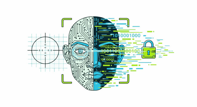 Futuristic face with circuits, binary code, targeting reticle, and lock