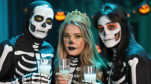 Friends in skeleton costumes and skull face paint celebrating Halloween party with drinks