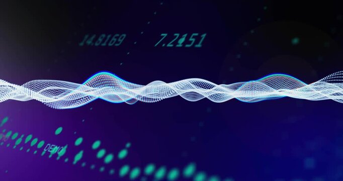 Flare sparking layered waveform moving on navy field rising peaks showing numbers teal dots forming