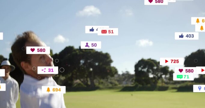After bat striking ball, fielder raising arms, notifications flooding sky to show rising engagement