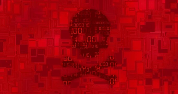 Binary digits cascading, tiles jittering, skull-and-crossbones glyph emerging in security warning
