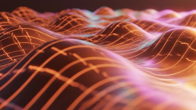 Abstract glowing undulating surface with a grid pattern, representing data flow or digital waves in a futuristic landscape