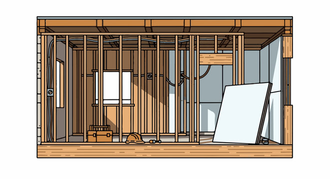 Interior construction site with wooden studs, electrical wiring, tools, and drywall