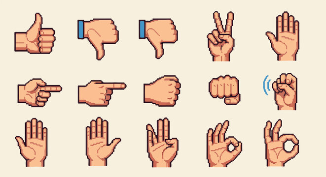 Pixelated hand gestures thumbs up, down, pointing, peace, open, fist, okay, and rock