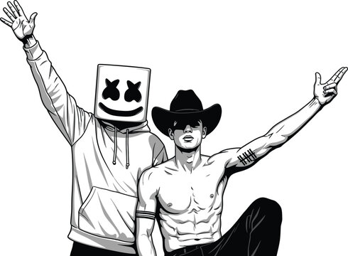 Two men one wearing a marshmallow mask and hoodie the other a cowboy hat and bare chest with tattoos celebrating with raised arms