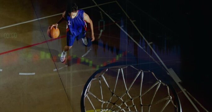 Male basketball player dribbling top frame, initiating drive, elevating for rim with sports overlay