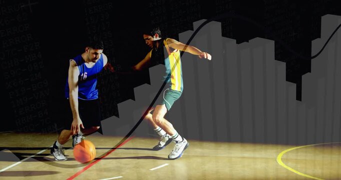 Sports guard dribbling, crossing and driving to hoop to score, animated bars and wavy line blending