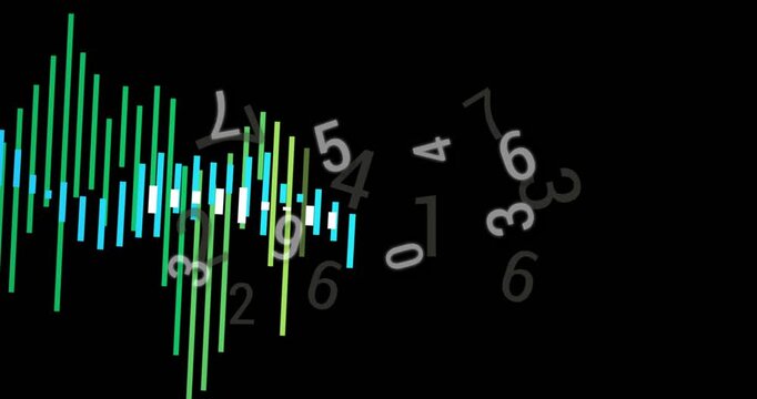Audio viz reacting to playback, growing bars, emerging waveform with digits rotating to show levels