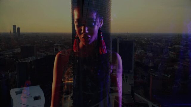 Woman musician starting by playing keys, camera rising, blending skyline, performing rooftop music
