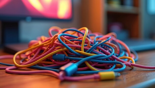 Colorful charging cords are tangled together in a messy pile on a wooden desk. Modern tech accessories create visual clutter near a computer monitor.