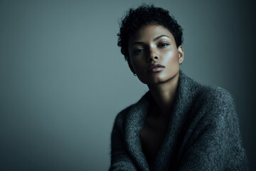 Woman posing with serious expression in moody lighting