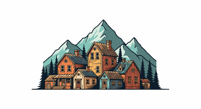 Cozy mountain village with charming houses and tall evergreen trees