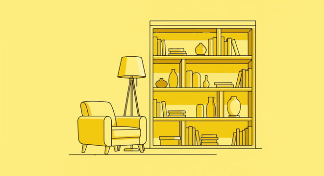 Cozy reading nook with a plush armchair and a tall bookshelf