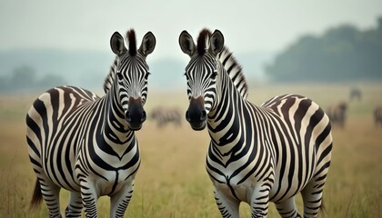 Naklejka premium Two zebras stand in a grassy field. Their black and white stripes are clearly visible against the muted background. Other zebras are visible in the distance, suggesting a herd.