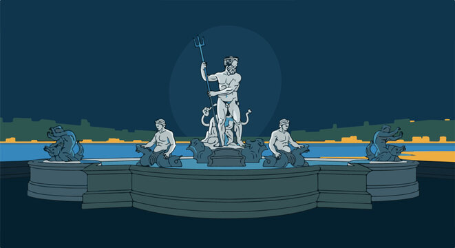 Iconic statue fountain with mythical figures and serene water at dusk
