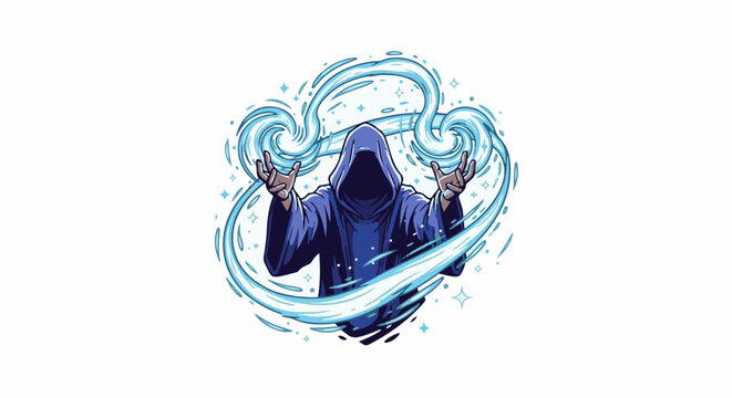 Hooded figure casting blue mystical energy or elemental magic