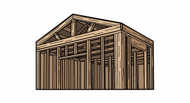 Isometric view of wooden building frame structure, unfinished house walls and roof