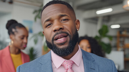 Confident black businessman expressing opinions in office meeting