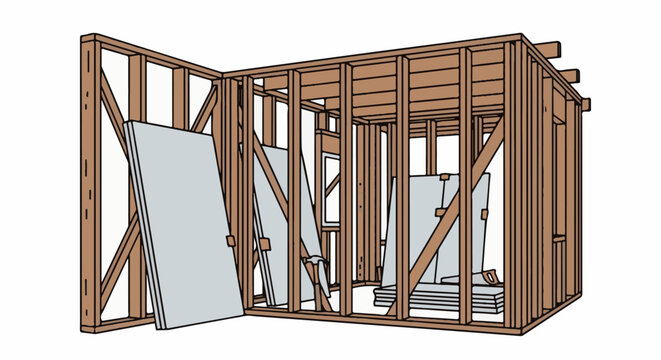 Wooden framing of a building under construction with drywall sheets